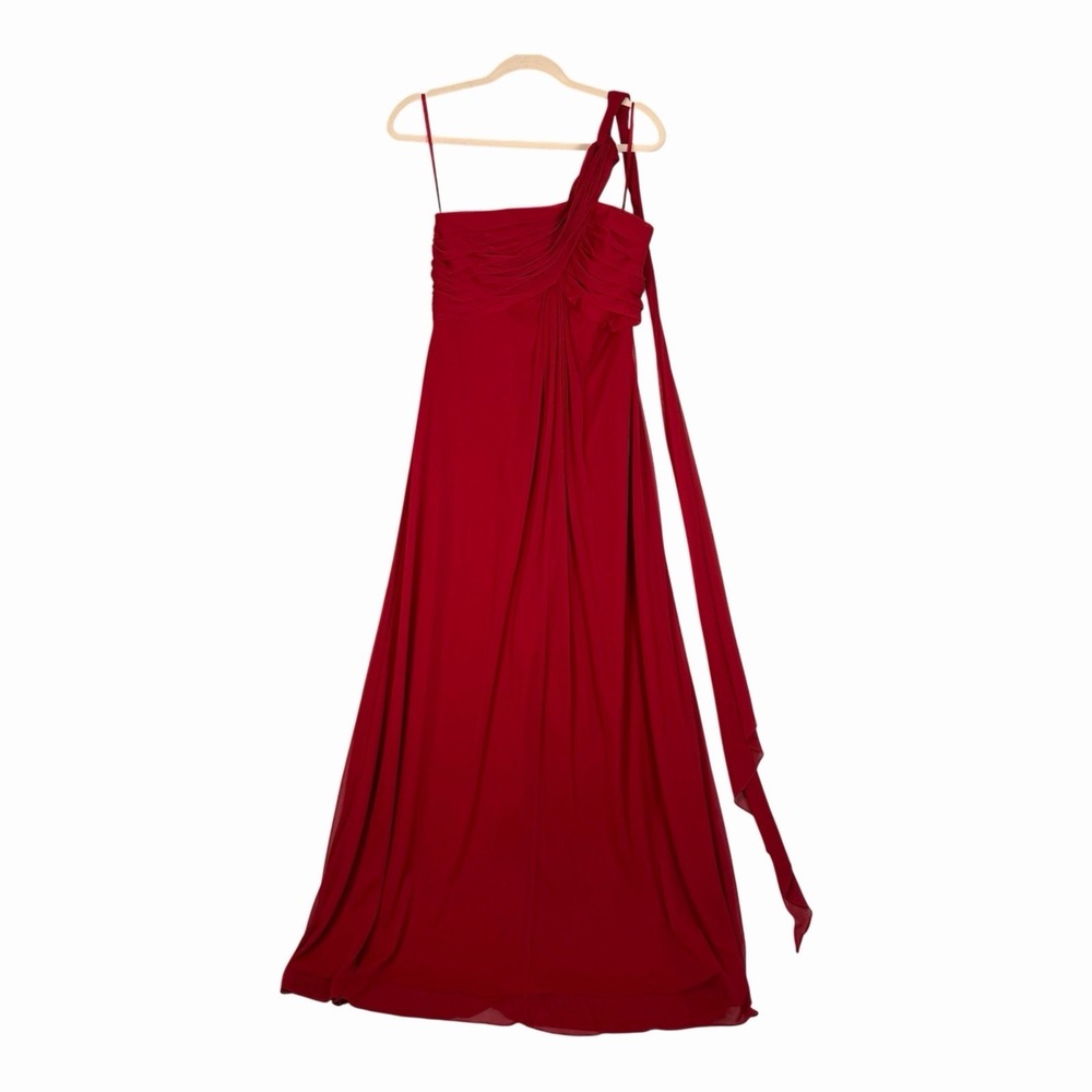 Alex Evenings Size-8 Red Chiffon‎ One Shoulder Empire Waist Evening Gown - Picture 3 of 13